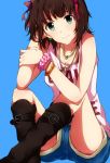  amami_haruka blush boots bracelet brown_hair earrings green_eyes hair_ribbon hand_in_hair idolmaster jewelry looking_at_viewer necklace ribbon ryouma_(galley) short_hair shorts simple_background sitting sleeveless smile solo 