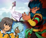  3boys blue_hair brown_eyes brown_hair chinese_clothes dark_skin grin inazuma_eleven_(series) inazuma_eleven_go inazuma_eleven_go_chrono_stone kurama_norihito long_hair mizuhara_aki multiple_boys open_mouth purple_hair raimon red_eyes shindou_takuto short_hair smile soccer_uniform zanak_abalonic zhuge_kongming_(inazuma_eleven) 