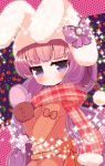  alternate_costume animal_ears blush bow bunny_ears bunny_hat coat hair_bow long_hair looking_at_viewer marshmallow_mille mittens patchouli_knowledge purple_eyes purple_hair rabbit_ears scarf smile solo touhou violet_eyes 