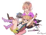  07design :d bespectacled blonde_hair bow glasses green_eyes gyoniku_sausage_funsai_gyokurocha hair_bow idolmaster idolmaster_cinderella_girls jewelry jougasaki_mika jougasaki_rika loose_socks lying multiple_girls necklace no_shoes open_mouth pink_hair ponytail shorts siblings sisters smile socks two_side_up vest 