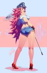  blue_eyes breasts cuffs denim denim_shorts final_fight from_behind handcuffs hat high_heels large_breasts long_hair open_mouth peaked_cap pink_hair poison_(final_fight) riding_crop robaato shoes short_shorts shorts smile solo tank_top wink 