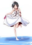  :d barefoot black_hair clearite dress dress_lift holding holding_shoes idolmaster kikuchi_makoto open_mouth short_hair simple_background skirt_hold smile solo standing_on_one_leg wading water white_background white_dress wink 