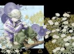  blonde_hair boots flower ivan_karelin jacket kikumon lavendercolor letterman_jacket purple_eyes purple_jacket short_hair solo tiger_&amp;_bunny violet_eyes 
