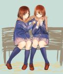  2yffmhbl absurdres blazer blush brown_eyes brown_hair highres kneehighs multiple_girls open_mouth original scarf school_uniform shared_scarf short_hair sitting sketch skirt smile syou_(endemic_species) 