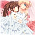  ;d bare_shoulders blonde_hair blue_eyes blush breasts brown_hair carrying cleavage collarbone dress elbow_gloves flower gloves hair_flower hair_ornament kamikita_komari little_busters!! long_hair looking_at_viewer multiple_girls natsume_rin open_mouth princess_carry red_eyes red_rose rose satou_aoi short_hair short_twintails side_ponytail smile twintails wedding_dress wink yuri 