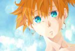  1girl aqua_eyes blue_background colored_eyelashes expressionless kasumi_(pokemon) orange_hair pokemon ranmari short_hair side_ponytail simple_background solo 