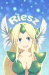  1girl armor blonde_hair blue_eyes breasts bust character_name cleavage famiki long_hair looking_at_viewer no_nose open_mouth riesz seiken_densetsu seiken_densetsu_3 smile solo tagme 