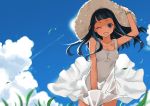  ;d apon arms_up black_hair blue_eyes cloud clouds collarbone dress grass hand_on_hat hat long_hair looking_at_viewer open_mouth original sky smile solo sun_hat sundress sunlight white_dress wind wink 