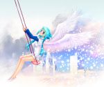  angel aqua_hair braid building copyright_request crosshatching feathered_wings highres long_hair looking_at_viewer sleeves_past_wrists smile snow solo swing twin_braids yui_toshiki 