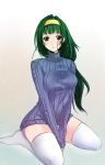  aiba_mikoto blush breasts cross_edge drawfag green_hair hairband large_breasts long_hair naked_sweater purple_eyes ribbed_sweater sitting snowing solo sweater thigh-highs thighhighs turtleneck v_arms violet_eyes wariza white_legwear 