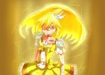  1girl angry blonde_hair bowtie brooch choker cure_peace dress earrings electricity highres jewelry kise_yayoi long_hair magical_girl precure serious skirt smile_precure! solo yellow yellow_dress yellow_eyes 