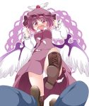  1girl anger_vein angry bird_wings blush boots commentary commentary_request cross-laced_footwear dress from_below hammer_(sunset_beach) hat lace-up_boots long_sleeves mystia_lorelei open_mouth panties pillow pink_dress pink_eyes pink_hair red_eyes short_hair skirt skirt_set touhou underwear white_panties wings 