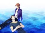  asurafkmt black_hair brown_hair caster_(fate/zero) fate/zero fate_(series) jacket lap_pillow multiple_boys partially_submerged purple_jacket robe sleeping uryuu_ryuunosuke water yaoi 