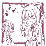  ahoge anger_vein bare_shoulders bow chibi cleavage_cutout closed_eyes corset detached_sleeves dress eyes_closed fate/stay_night fate/unlimited_codes fate_(series) hair_bow microphone monochrome multiple_girls musical_note nashoki saber saber_alter saber_lily singing 