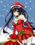  bare_shoulders bell bell_collar black_hair breasts choujigen_game_neptune cleavage collar drawfag dress elbow_gloves gloves hat highres iris_noire kami_jigen_game_neptune_v long_hair noire red_dress red_eyes red_gloves rune_factory rune_factory_frontier sack santa_costume santa_hat snowing solo thigh-highs thighhighs twintails very_long_hair white_legwear 