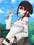  bare_shoulders belt earrings freckles hat highres jewelry leaning looking_at_viewer madarame necklace original pocky solo v watch 