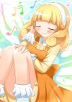  blonde_hair bobby_socks casual closed_eyes dress eyes_closed hairband highres kise_yayoi musical_note precure short_hair sitting smile smile_precure! socks solo wings zenon_(for_achieve) 