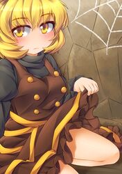  bare_legs blonde_hair blush bow dress dress_lift fun_bo hair_bow kneeling kurodani_yamame looking_at_viewer short_hair sitting solo spider_web touhou yellow_eyes 