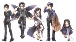  4boys ba96517 black_eyes black_hair brown_eyes fairy_wings formal hat highres kirito kirito_(sao-alo) kirito_(sao-ggo) long_hair multiple_boys multiple_persona necktie peaked_cap pointy_ears police police_uniform policeman sandals short_hair spiked_hair spiky_hair suit sunglasses sword_art_online trap uniform wings yui_(sao) 