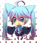  ahoge animal_ears blue_eyes blue_hair cat_ears cat_tail chibi detached_sleeves fang hatsune_miku long_hair necktie open_mouth polka_dot polka_dot_background skirt sleeves_past_wrists solo tail thigh-highs thighhighs twintails very_long_hair vocaloid 