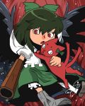  bow cape cat green_hair hair_bow kaenbyou_rin kaenbyou_rin_(cat) mismatched_footwear multiple_tails onikobe_rin open_mouth red_eyes reiuji_utsuho ribbon skirt tail thigh-highs thighhighs third_eye touhou weapon wings 