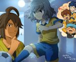  ball blue_hair blush_stickers brown_hair closed_eyes eyes_closed goalkeeper headband inazuma_eleven_(series) inazuma_eleven_go inazuma_eleven_go_chrono_stone japanese_clothes kinoshita_toukichirou male matsukaze_tenma mizuhara_aki moon multiple_boys nishizono_shinsuke open_mouth raimon shindou_takuto smile soccer_ball soccer_uniform tsurugi_kyousuke 