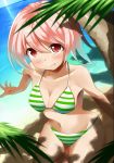  beach bikini fang haruhi3 original pink_hair red_eyes short_hair striped striped_bikini striped_swimsuit swimsuit 