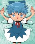  ascot blue_eyes bow cirno dress hair_bow ice ice_wings looking_at_viewer onikobe_rin outstretched_arms ribbon short_hair short_sleeves smile solo touhou wings 