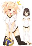  2girls :d ball black_hair black_legwear blonde_hair breast_envy breast_press breasts buruma chestnut_mouth fang gym_uniform hair_ornament hairclip kinta_(distortion) kneeling multiple_girls open_mouth original pink_eyes self_fondle shoes short_hair short_twintails smile thighhighs triangle_mouth twintails two_side_up white_background white_legwear 