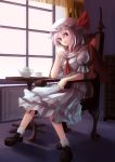  ascot bat_wings blue_hair canae0 chair cup hat hat_ribbon kettle red_eyes remilia_scarlet ribbon short_hair sitting solo table teacup touhou window wings 