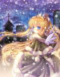  blonde_hair blue_eyes candle crown hinokami_sakura kamio_misuzu long_hair looking_back ponytail snowflakes wings winter_clothes 