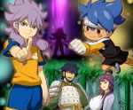  4boys amemiya_taiyou armor blue_eyes blue_hair blush_stickers brown_eyes chinese_clothes closed_eyes eyes_closed fusion gloves goalkeeper headband inazuma_eleven_(series) inazuma_eleven_go inazuma_eleven_go_chrono_stone liu_bei_(inazuma_eleven) long_hair mizuhara_aki multiple_boys nishizono_shinsuke open_mouth purple_hair raimon short_hair silhouette smile soccer_uniform zanak_abalonic zhuge_kongming_(inazuma_eleven) 