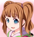  blue_eyes blush brown_hair bust character_request clearite idolmaster lowres open_mouth simple_background smile solo takatsuki_yayoi twintails 