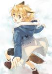  animal_ears blonde_hair blush breath fox_ears fox_tail hoodie jacket looking_back open_mouth original outstretched_arms running short_hair smile snow solo spread_arms tail yellow_eyes yuu_(warm_water) 