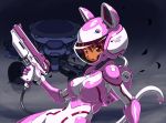  animal_ears bodysuit breasts cat_ears cat_tail gloves gun handgun helmet large_breasts looking_at_viewer mecha open_mouth original red_eyes red_hair redhead rohitsuka solo spacesuit tail weapon 
