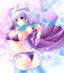  ass bare_shoulders bikini blue_eyes blue_legwear blush breasts bug bug_(artist) cape cleavage hat highres large_breasts lavender_hair letty_whiterock looking_at_viewer scarf short_hair side-tie_bikini solo swimsuit swimsuit thigh-highs thighhighs touhou 