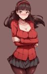 amagi_yukiko black_hair blush breasts cardigan cleavage crossed_arms hairband large_breasts long_hair miniskirt pantyhose persona persona_4 pleated_skirt ribbed_sweater shy skirt smile solo sweater zako_(arvinry) 