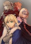  4girls armor back-to-back blonde_hair blue_eyes breastplate cape character_request cloak fate/apocrypha fate/extra fate/stay_night fate_(series) forehead_protector gauntlets green_eyes hair_bun highres jeanne_d'arc_(fate/apocrypha) multiple_girls multiple_persona nashoki saber saber_extra 