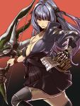  arrow black_legwear blue_hair boots bow_(weapon) breasts cleavage garter_straps gauntlets grin hair_ribbon highres knee_boots monster_hunter_frontier monster_hunter_frontier_online nekotama1987 red_eyes ribbon smile solo strap_gap thigh-highs thighhighs weapon 