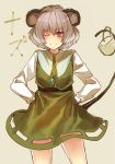  animal_ears capelet dress grey_hair hands_in_pockets long_sleeves looking_at_viewer mouse_ears mouse_tail nazrin red_eyes shikihara_mitabi short_hair smile solo tail touhou wink 