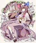  blurry book bow crescent dress flower frills hair_ribbon hat highres long_hair patchouli_knowledge pianzu_mao purple_eyes purple_hair ribbon sherilyang shoes smile solo touhou violet_eyes 