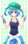  bare_shoulders blue_eyes blue_hair blush breasts collarbone gloves hair_bobbles hair_ornament hat highres holding jacket_around_waist kawashiro_nitori looking_at_viewer mechanic screwdriver siyusiyu13 smile solo tank_top touhou twintails white_gloves wrench 