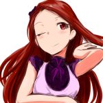  clearite idolmaster long_hair lowres minase_iori red_eyes red_hair redhead simple_background smile solo white_background wink 