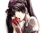  apple biting black_hair brown_eyes bust face food fruit hat highres himekaidou_hatate long_hair open_mouth simple_background solo tokin_hat touhou twintails upda white_background 