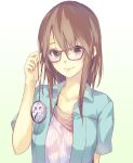  brown_eyes brown_hair bust glasses holding la-na long_hair looking_at_viewer original pocket_watch roman_numerals simple_background smile solo watch white_background 