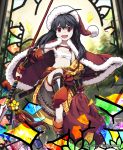  &gt;:d :d armor black_hair broken_glass cape character_request copyright_request flat_chest glass hat japanese_clothes katana kneehighs kote lena_(zoal) long_hair mole navel official_art open_mouth payot polearm red_eyes sack santa_hat sarashi sengoku_saga sheath sheathed smile spear stained_glass suneate sword weapon 