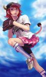  baseball_cap baseball_glove baseball_jersey baseball_mitt buffalo_bell cleats cloud clouds hat highres inomoto_hiro lips nippon_professional_baseball orix_buffaloes personification red_eyes red_hair redhead shoes tail 