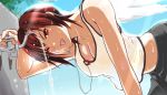  athletic bent_over bizen_dorobune blue_sky breasts cleavage dead_or_alive dead_or_alive_5 digital_media_player earbuds earphones fountain hot large_breasts midriff mila_(dead_or_alive) mila_(doa) red_eyes red_hair redhead short_hair sky smile solo sweat sweating sweating_profusely tank_top wet wet_clothes wink 