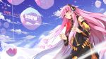  avtechno! cloud clouds detached_sleeves dye_(vocaloid) headphones headset highres long_hair looking_at_viewer megurine_luka mountain pink_eyes pink_hair sky snow solo text very_long_hair vocaloid wallpaper x-boy 