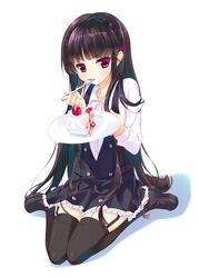  arikawa_satoru black_hair black_legwear blush cake eating food fork fruit garter_straps hair_ornament hairclip inu_x_boku_ss long_hair looking_at_viewer neckerchief plate purple_eyes revision school_uniform shirakiin_ririchiyo shoes simple_background sitting solo strawberry thigh-highs thighhighs very_long_hair violet_eyes wariza white_background 